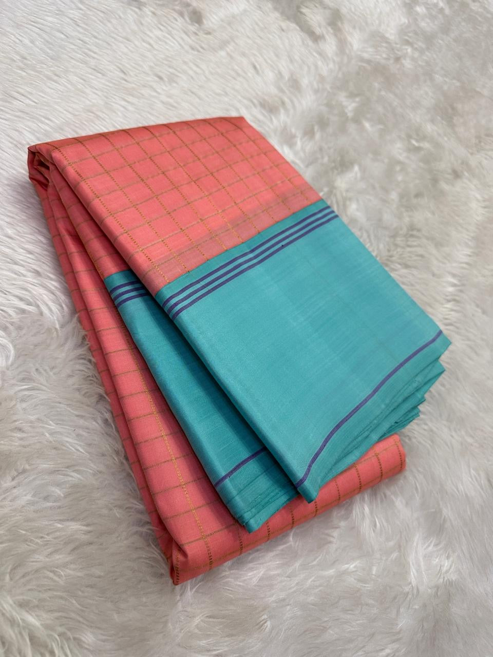 Blush Rose and Aqua Blue Kanchipuram Silk Saree – Traditional Kattam Border Detail