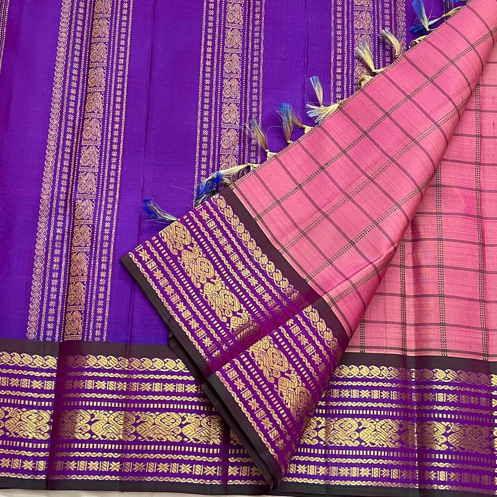 2. Pure Kanchipuram silk saree pink body with orchid purple border kanchi kattam checks draped view