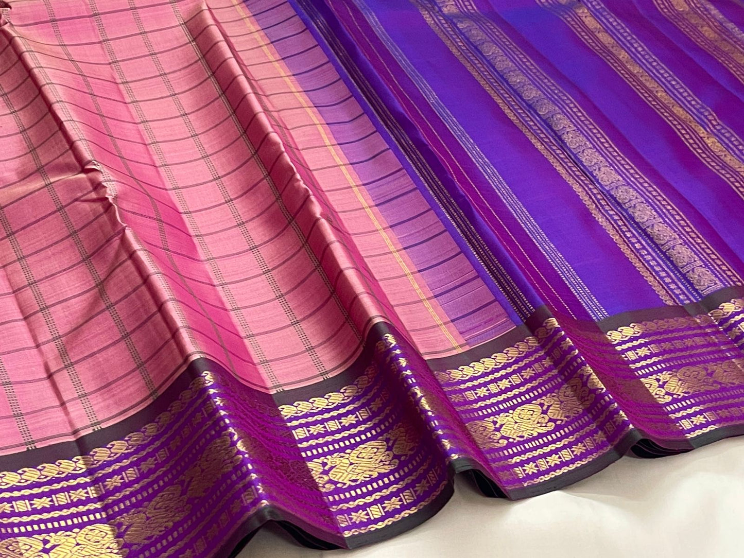  silk saree pink body with orchid purple border kanchi kattam checkered silk saree 