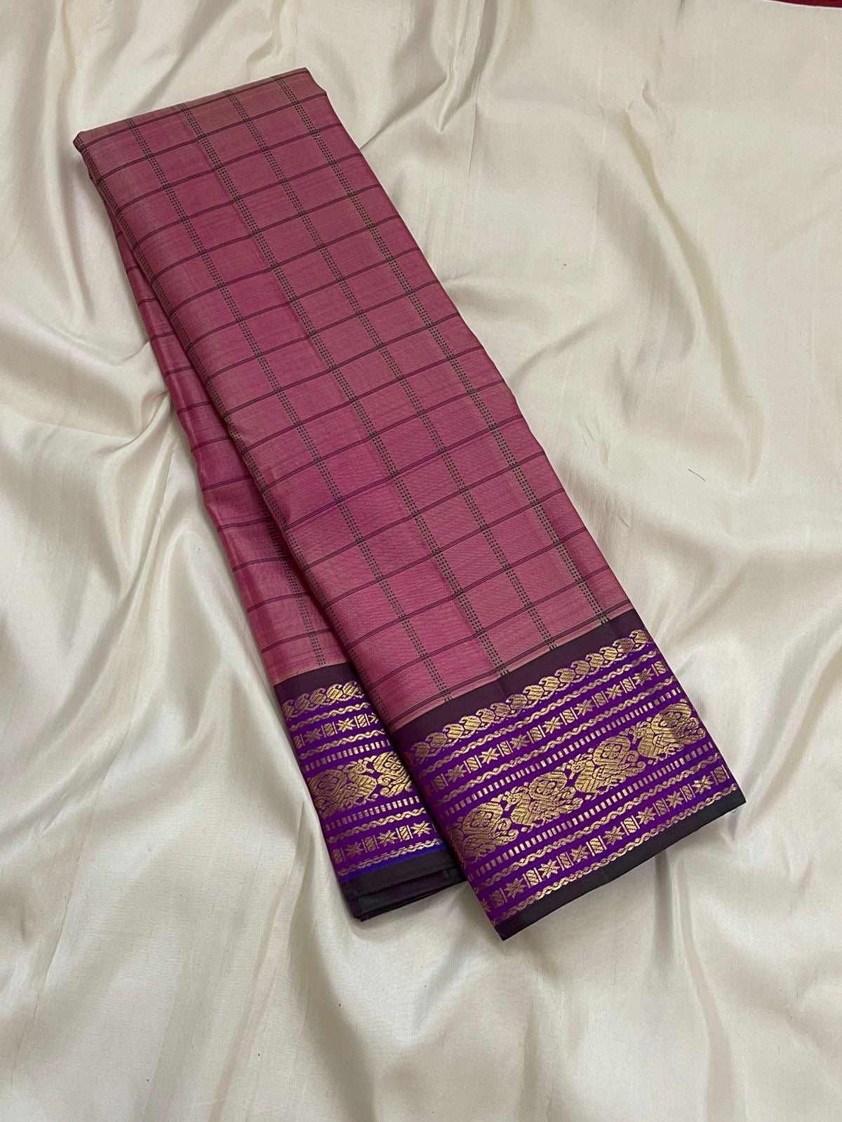 4. Pure Kanchipuram silk saree pink body with orchid purple border kanchi kattam checks pallu detail