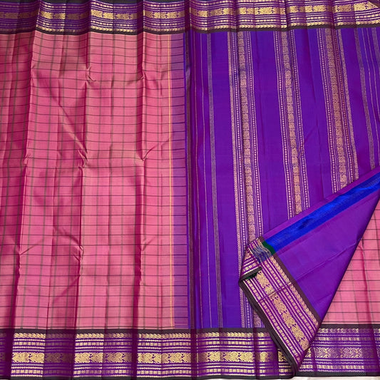5. Pure Kanchipuram silk saree pink body with orchid purple border kanchi kattam checks silk texture