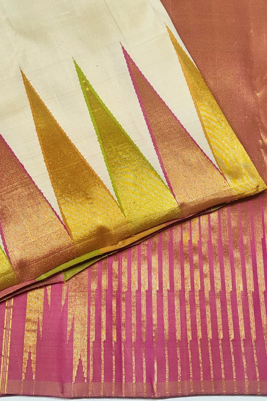 Ivory pure silk Kanchipuram saree with ettukol weave and multicolour temple border with antique gold zari pallu