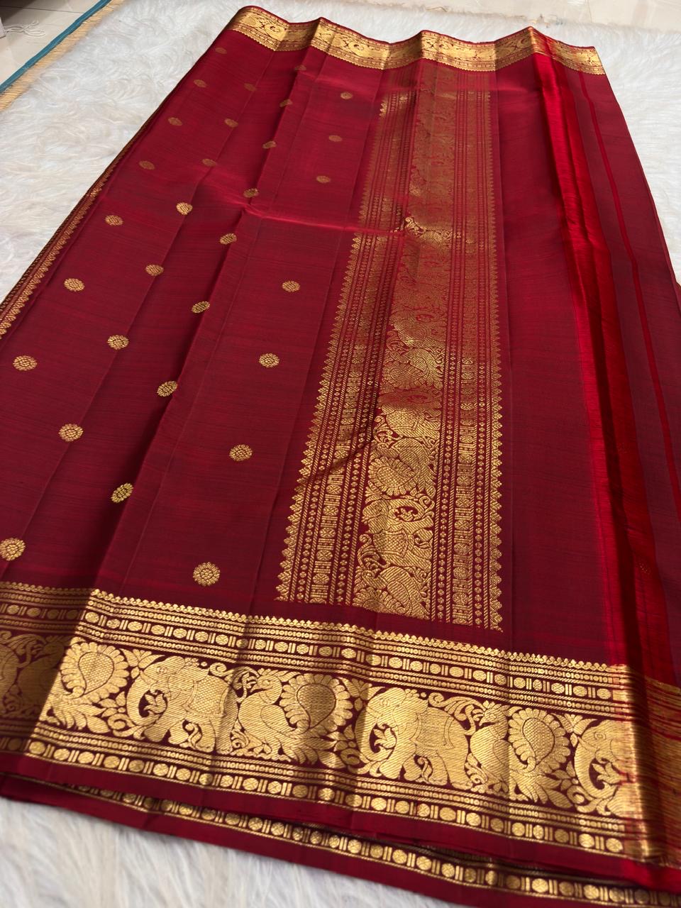 Semmann Terracotta Pure Silk Kanchipuram Peacock Butta Saree with Maroon Zari Border – view 4