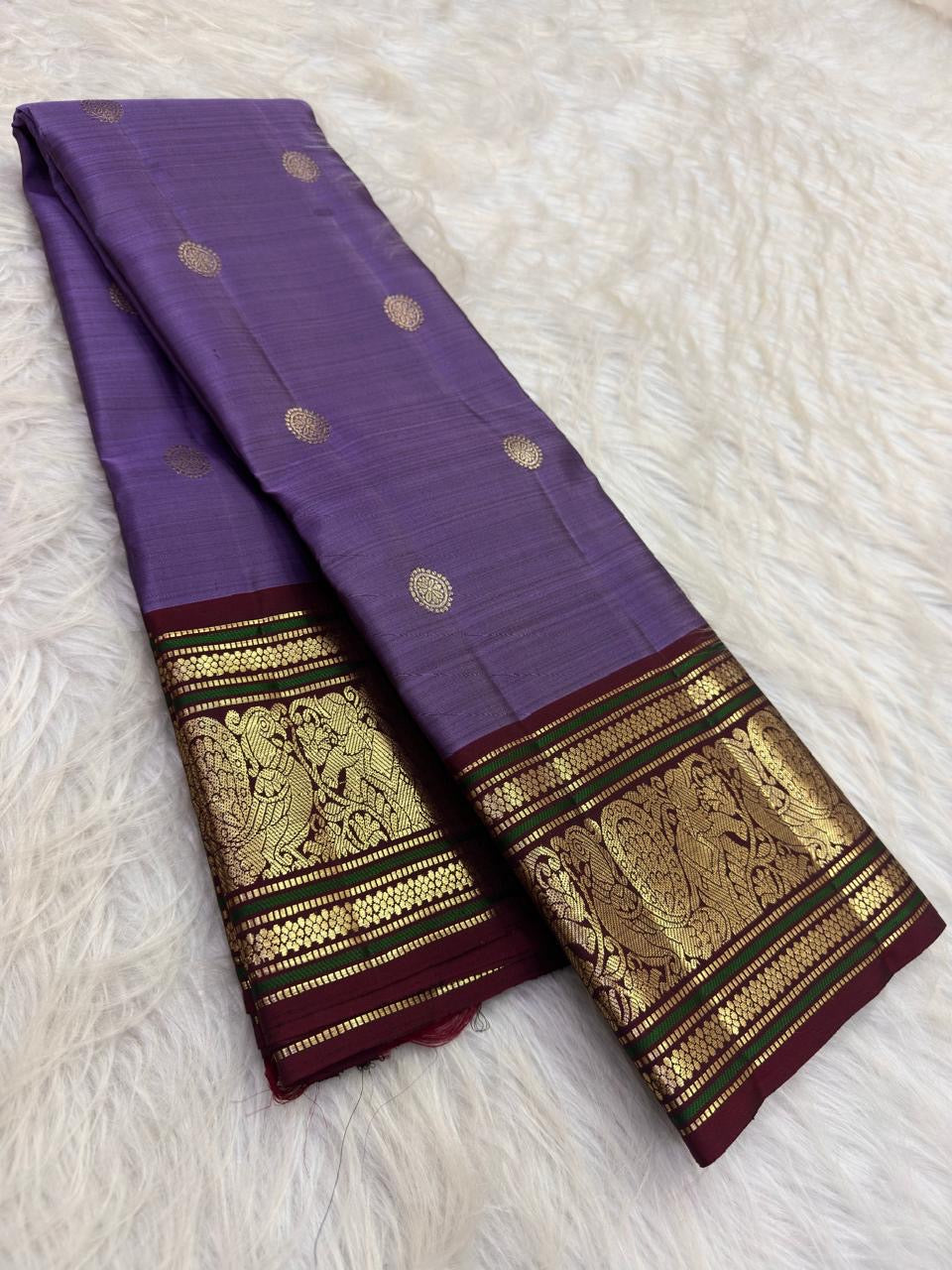 Kurinji Violet Pure Silk KanchiPattu Peacock Butta Saree with Maroon Zari Border – view 1