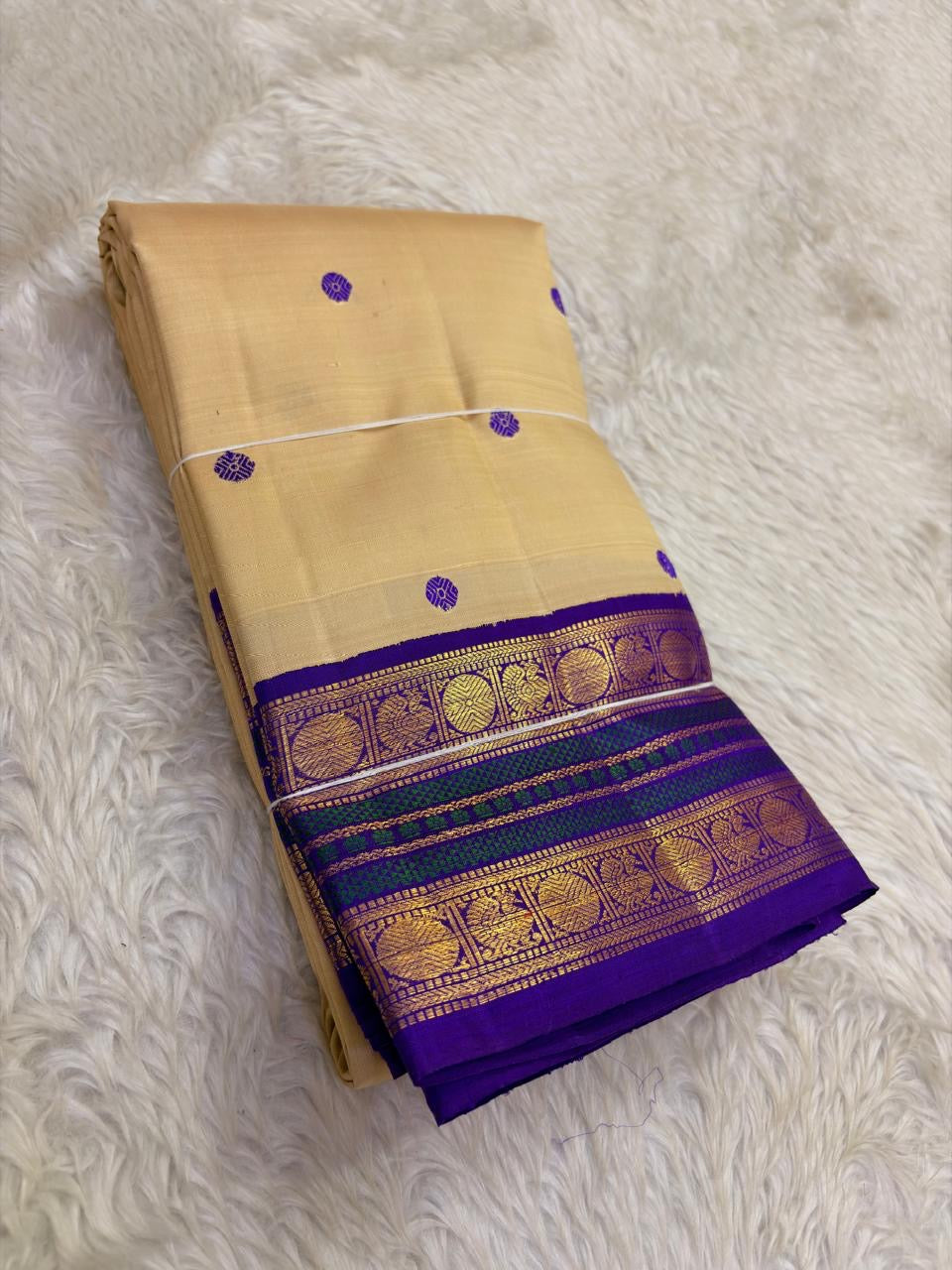 Indian wedding Kanchipuram silk saree sandal beige with regal violet korvai border