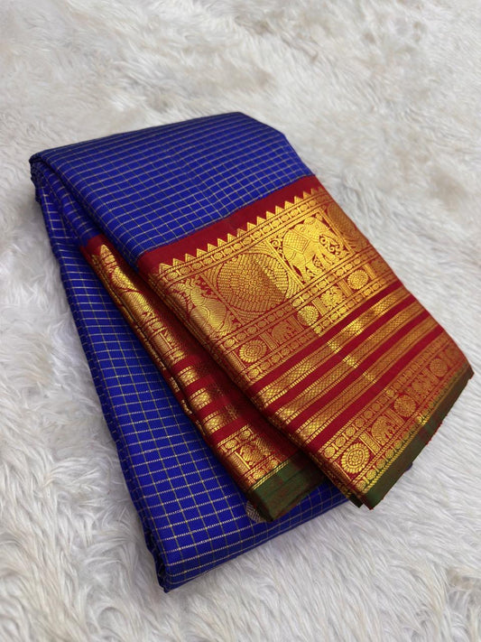 Indigo blue Kanjeevaram saree with Zari Kattam weave and maroon Korvai elephant pallu — Idam Living