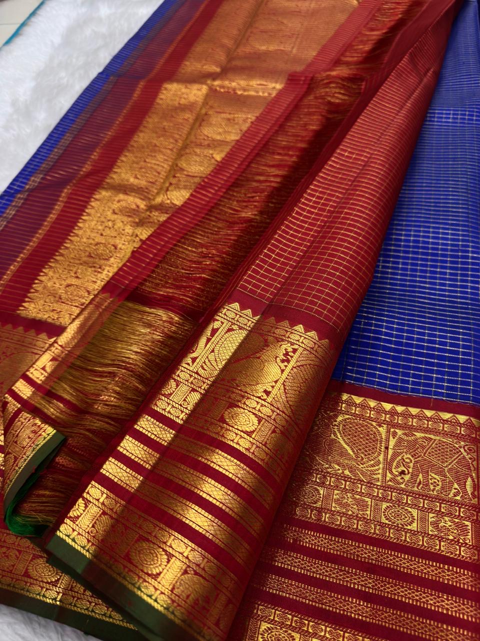Indigo blue Kanjipuram pure silk saree with Korvai maroon border and peacock pallu — Idam Living