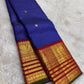Indigo blue maroon Kanchipuram silk saree with Zari Kattam weave and elephant peacock Korvai border — Idam Living