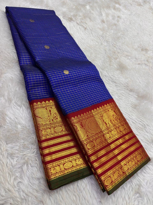 Indigo blue maroon Kanchipuram silk saree with Zari Kattam weave and elephant peacock Korvai border — Idam Living
