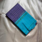 Indigo and ivory check handwoven pure silk Kanchi Kattam saree with turquoise border, Idam Living