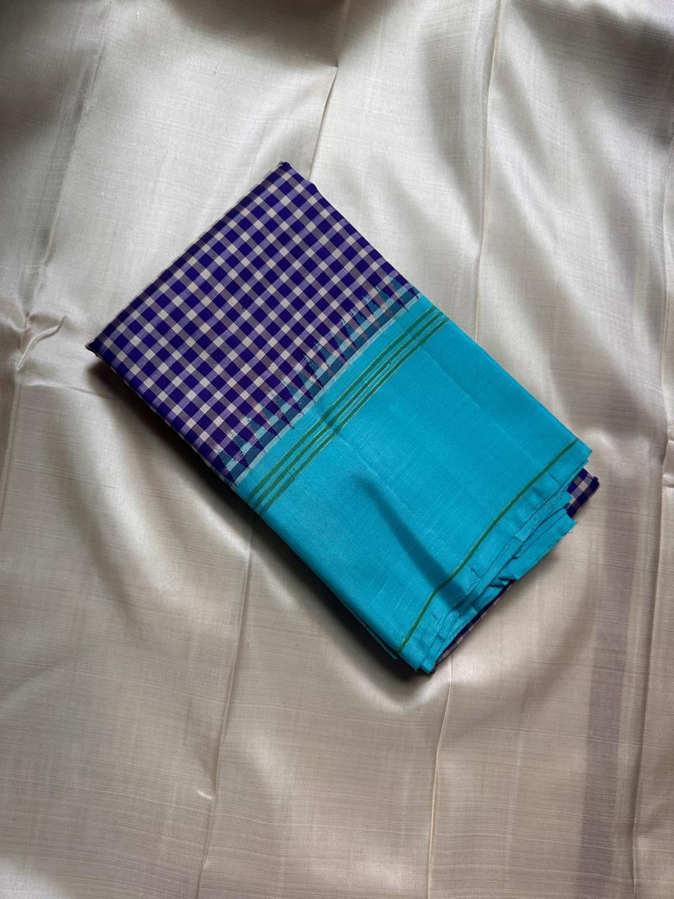 Indigo and ivory check handwoven pure silk Kanchi Kattam saree with turquoise border, Idam Living