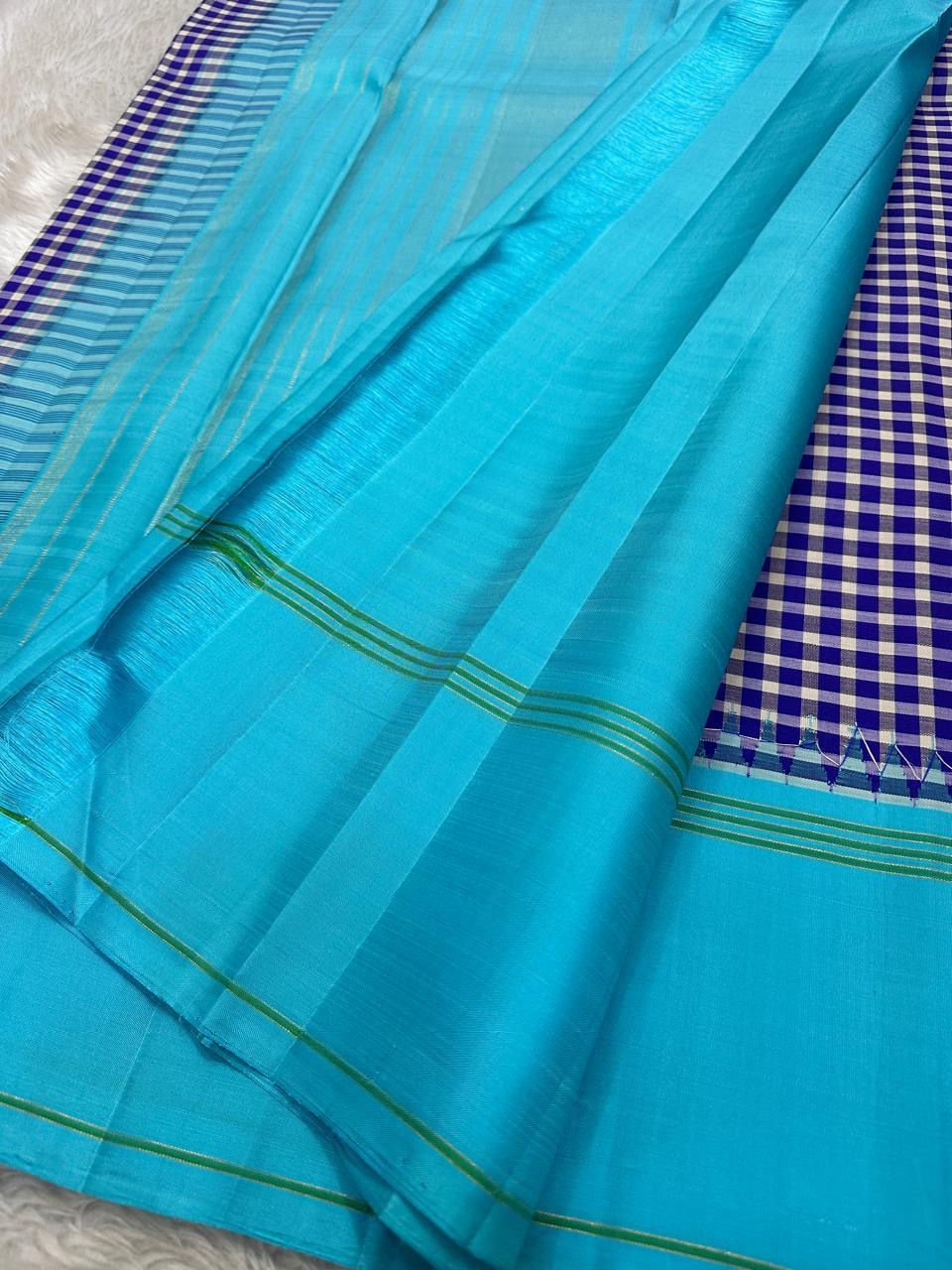 Indigo and ivory checked Kanchipuram silk saree with lagoon-turquoise pallu