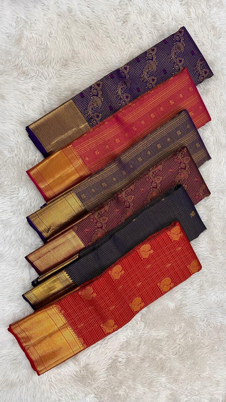 Indigo Kanchipuram silk saree — fine gold zari stripe detail