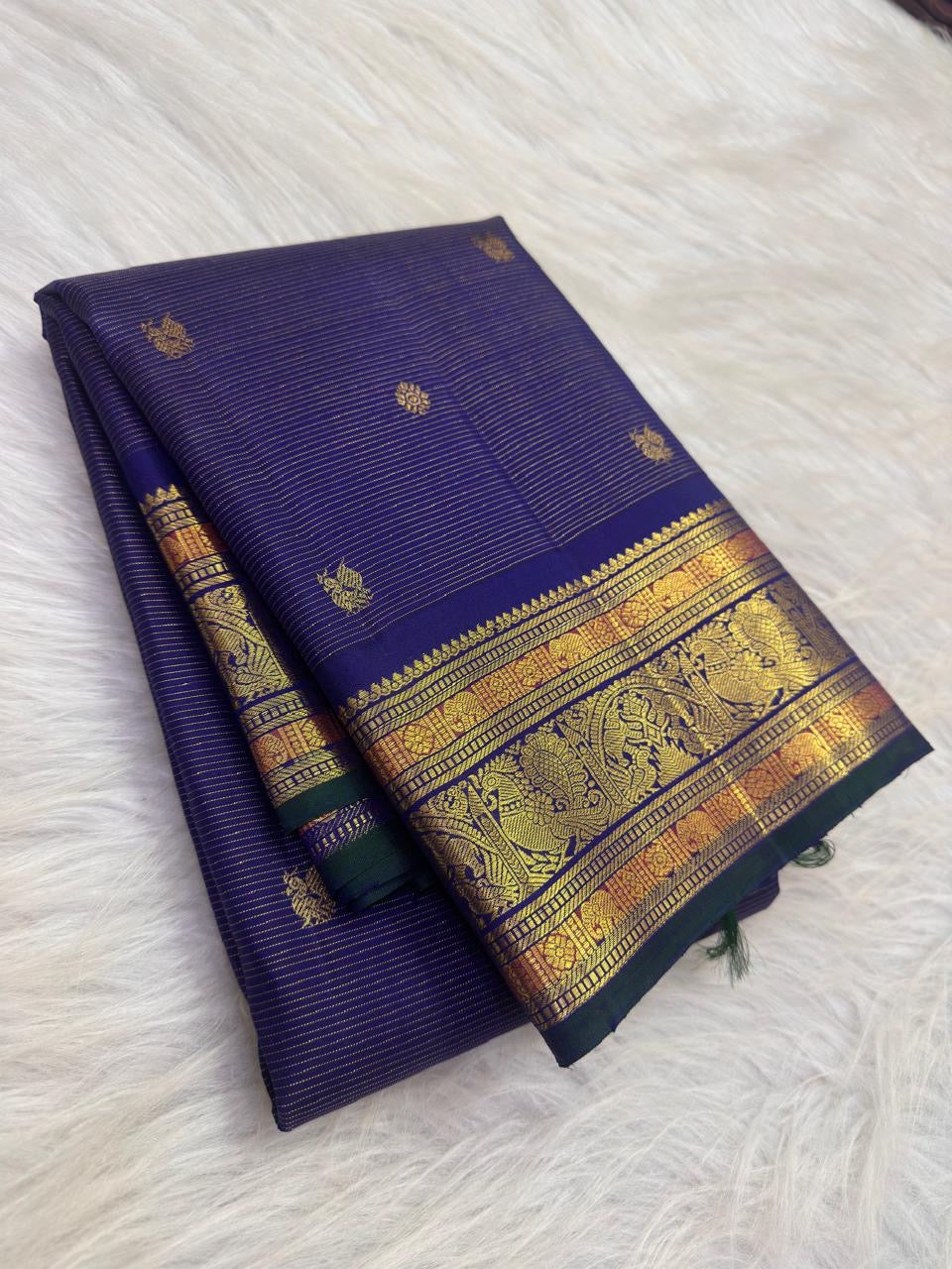 Royal Indigo Violet Handwoven Pure Silk Kanchipuram Vairaoosi Saree with Gold Zari Buttas and Traditional Zari Border