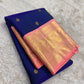 Ink Blue and Blush Pink Handwoven Pure Silk Kanchipuram Saree with Chedi Leaf Zari Butta Border