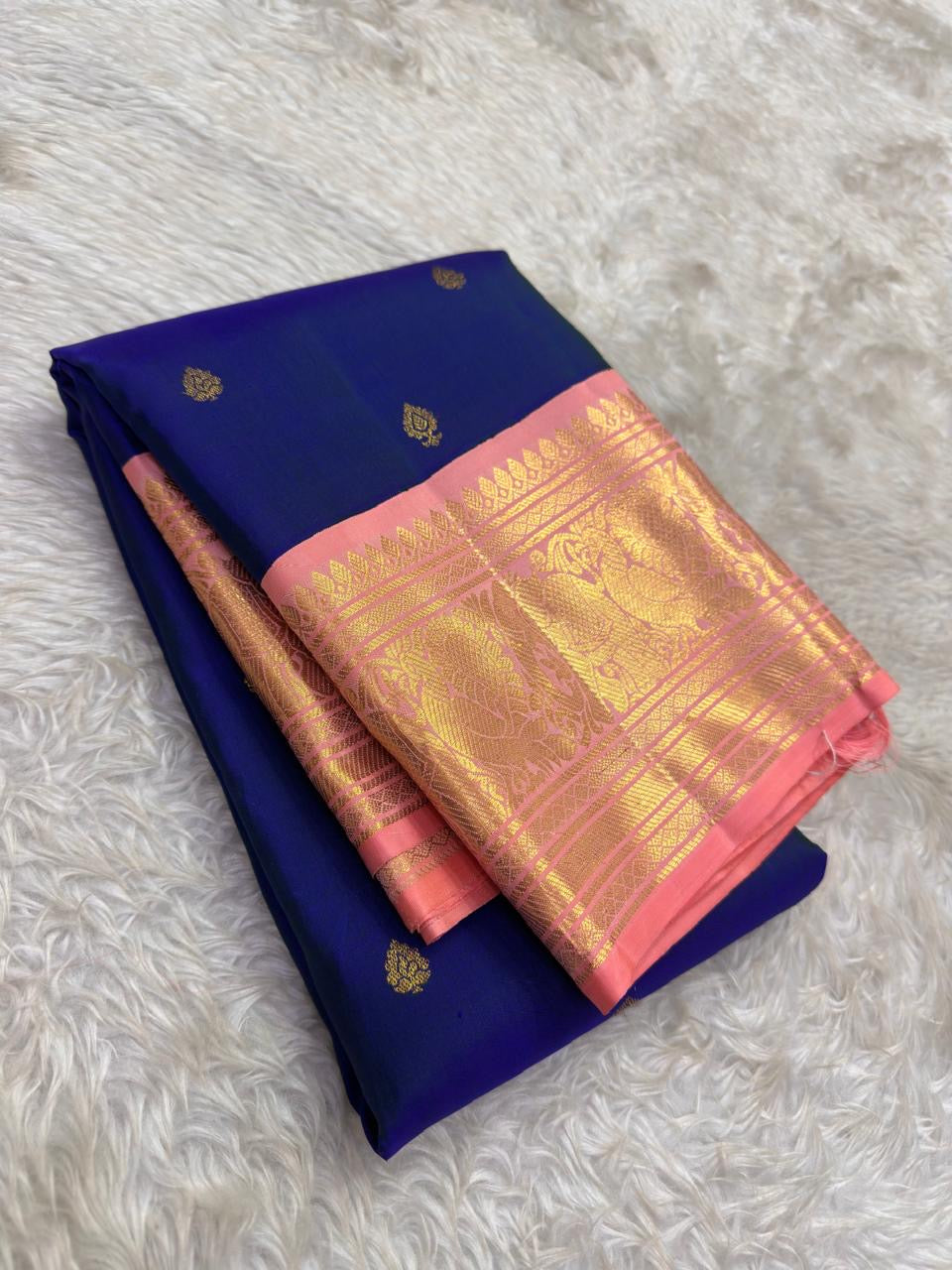 Ink Blue and Blush Pink Handwoven Pure Silk Kanchipuram Saree with Chedi Leaf Zari Butta Border