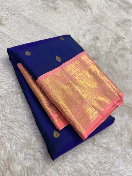 Ink Blue and Blush Pink Handwoven Pure Silk Kanchipuram Saree with Chedi Leaf Zari Butta Border