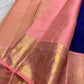 Ink Blue and Blush Pink Handwoven Pure Silk Kanchipuram Saree with Chedi Leaf Zari Butta Border