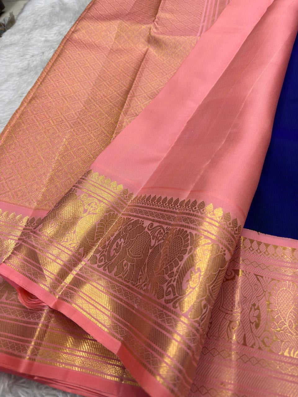 Ink Blue and Blush Pink Handwoven Pure Silk Kanchipuram Saree with Chedi Leaf Zari Butta Border