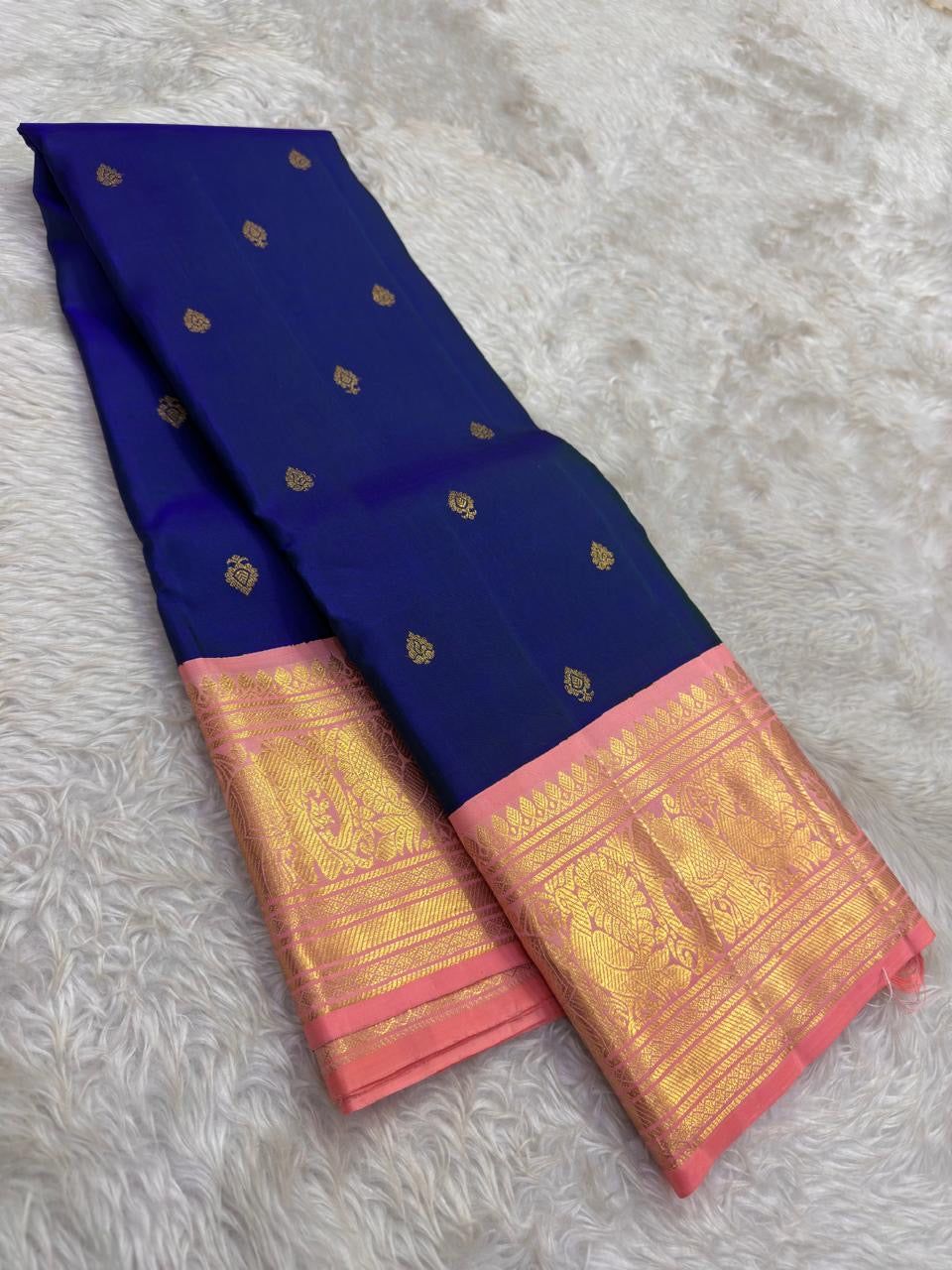 Ink Blue and Blush Pink Handwoven Pure Silk Kanchipuram Saree with Chedi Leaf Zari Butta Border