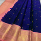 Ink Blue and Blush Pink Handwoven Pure Silk Kanchipuram Saree with Chedi Leaf Zari Butta Border