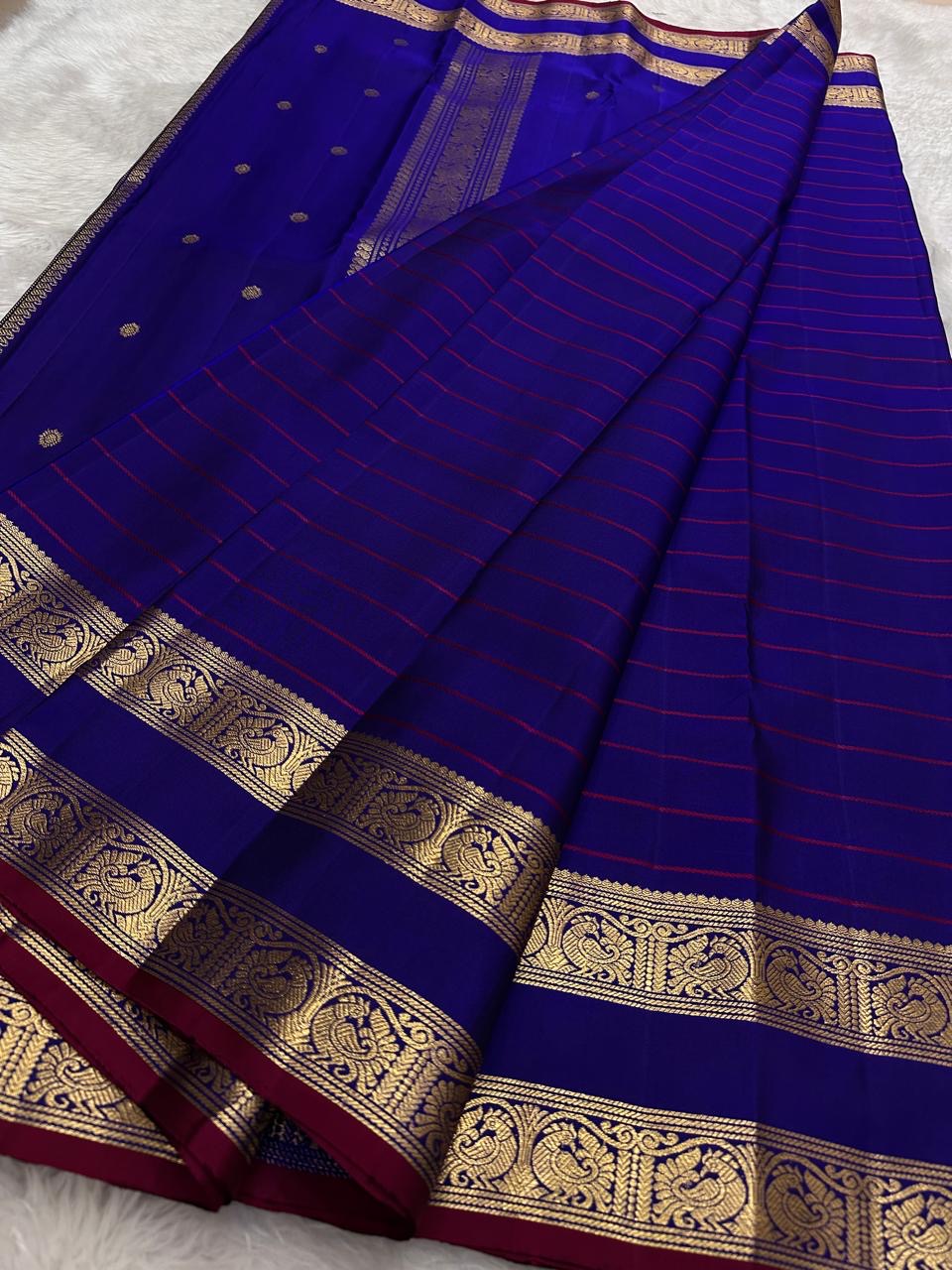 ruby red border detail of ink blue Kanchipuram silk saree