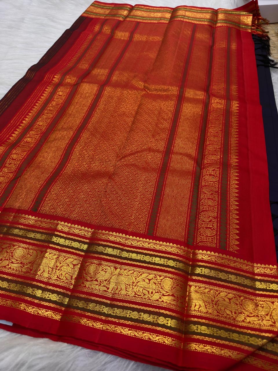 Deep navy pure mulberry silk Kanjivaram saree with small spaced traditional gold zari motifs.