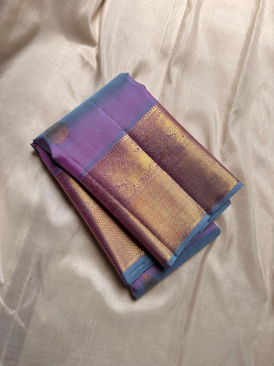 Iridescent Lavender Blue pure silk Kancheepuram saree, Butta weave with Antique Gold Zari border — full drape view