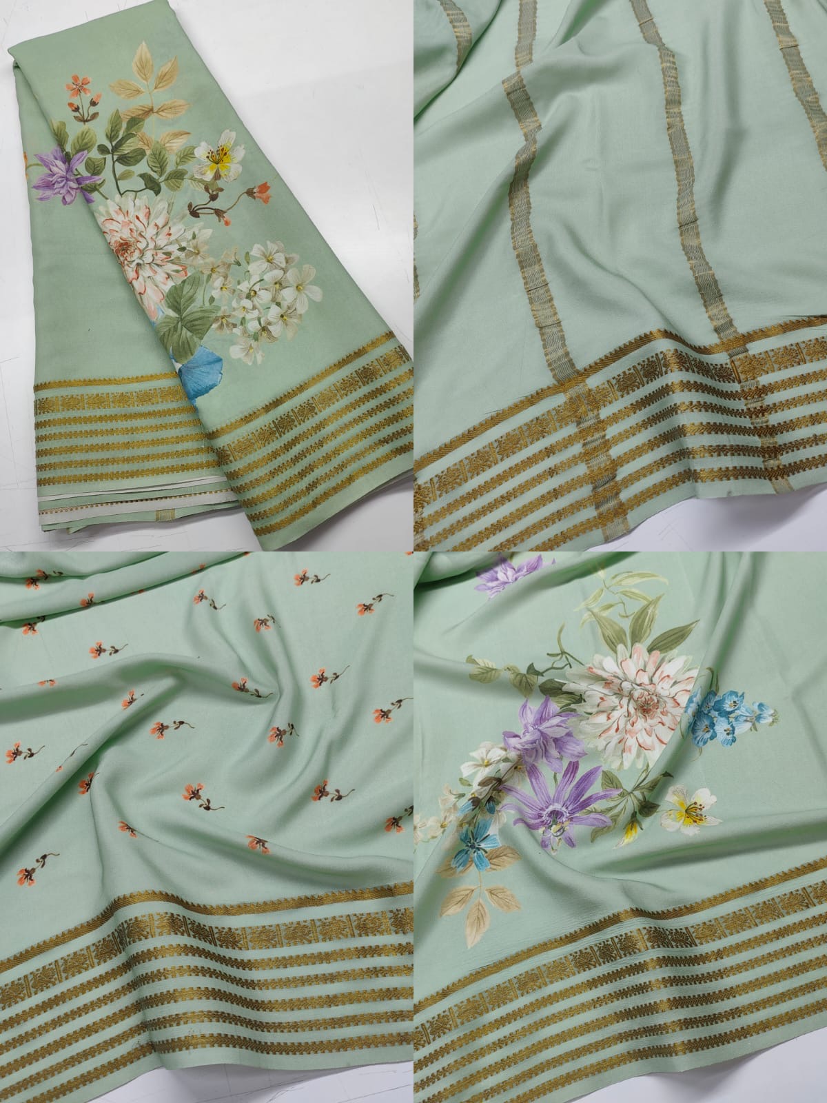 Pure Mysore Silk Crepe Saree Pastel Floral Prints with Zari Border