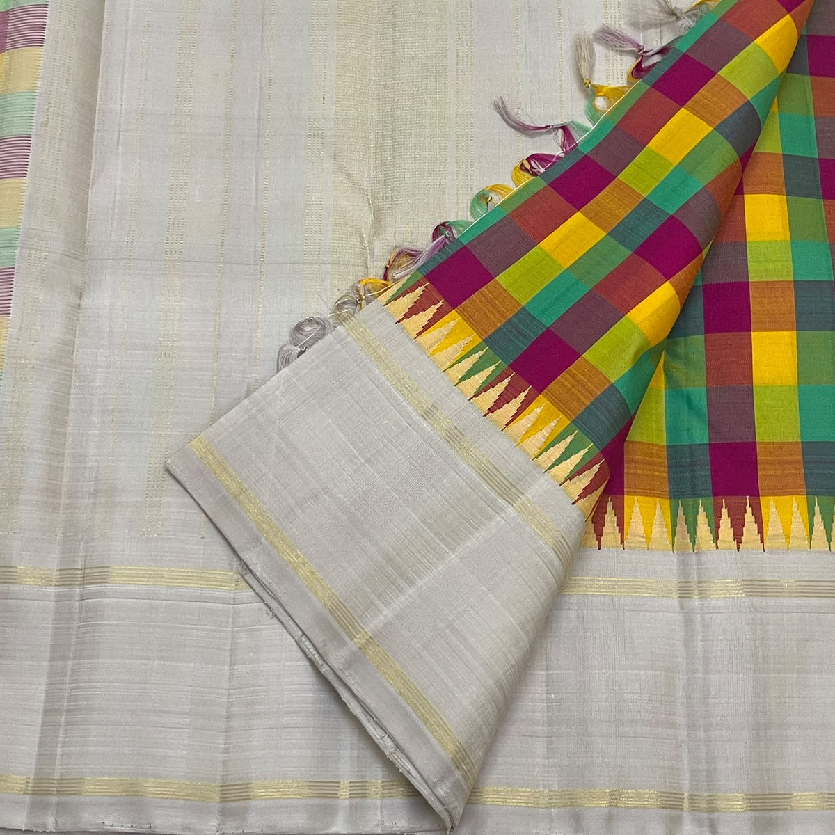 Multicolour Jewel Box Checks Handwoven Pure Silk Kanjeevaram Saree with Ivory Rettapet Border, folded saree presentation