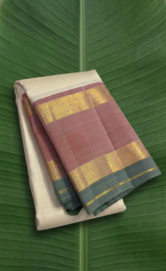 Kanchipuram silk saree in ivory cream with dusty rose border Korvai Rettapet weave folded view