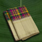 Ivory cream Kanchipuram silk saree with jewel magenta emerald green and turmeric yellow kattam checks Idam Living