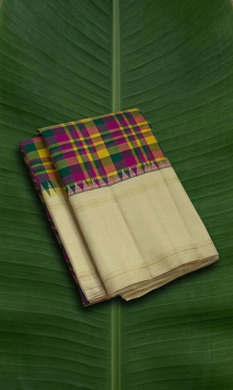 Ivory cream Kanchipuram silk saree with jewel magenta emerald green and turmeric yellow kattam checks Idam Living
