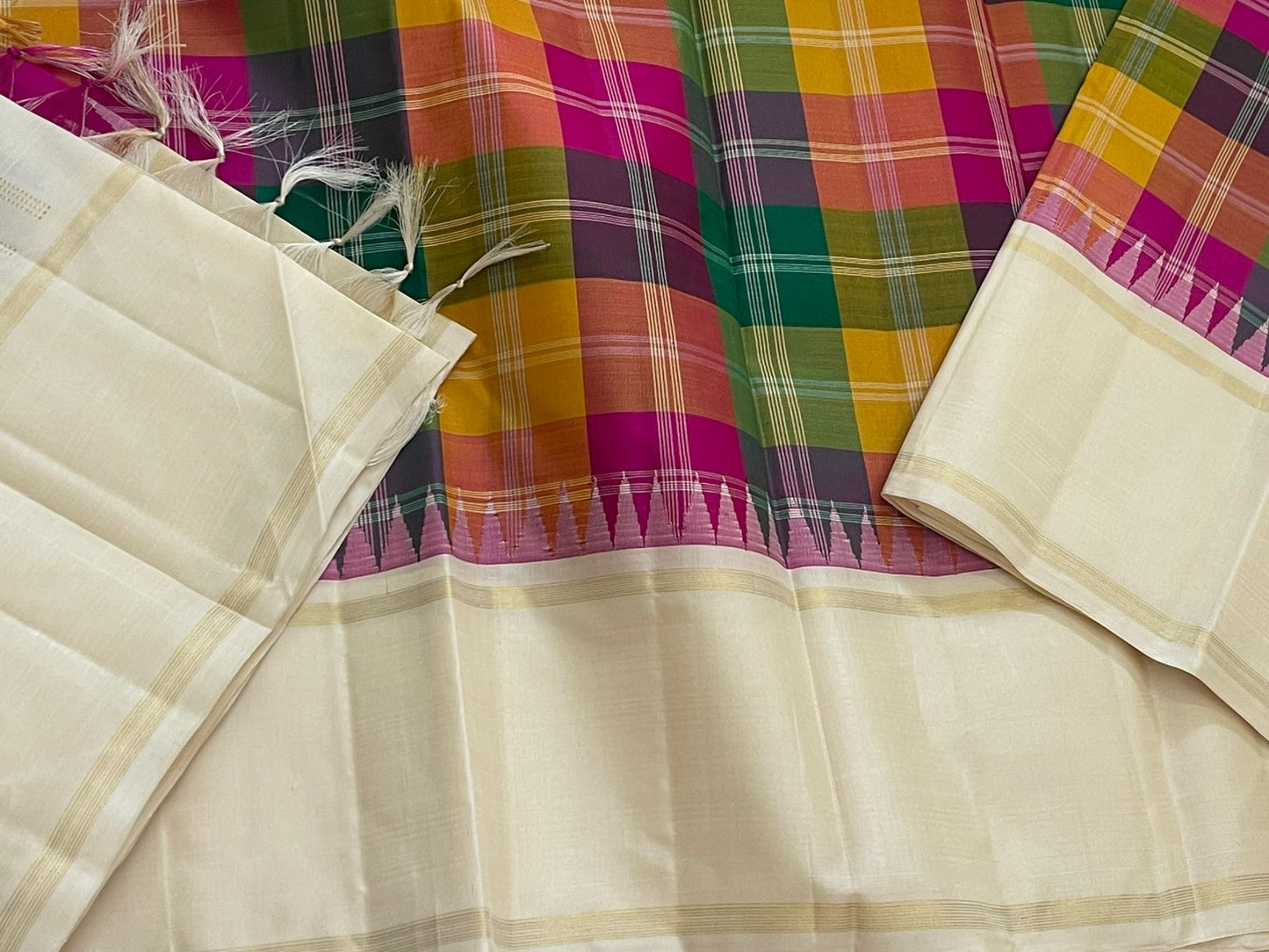 Ivory cream Kancheepuram silk saree with multicolour checks closeup view