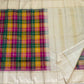 Ivory cream Kanchipattu saree with turmeric yellow and rani pink checks detail