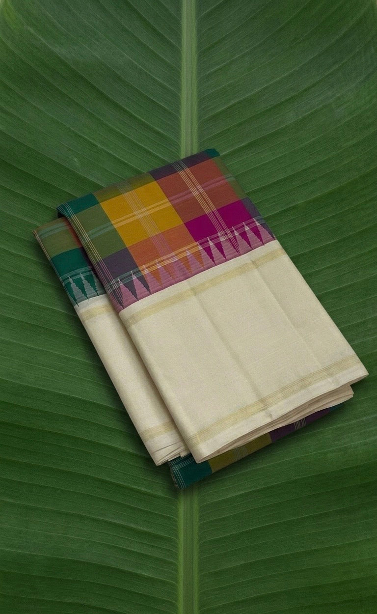 Ivory cream Kanchipuram silk saree with multi tone kanchi kattam checks folded view