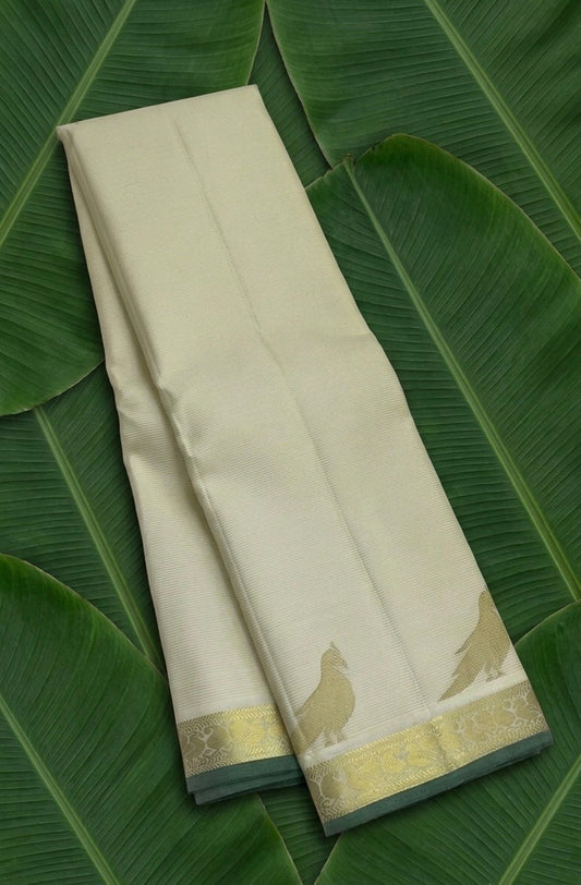 Ivory cream handwoven Kanchipuram pure silk saree with vairaoosi weave and kili parrot butta in gold zari — Idam Living