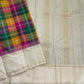 Ivory cream Kanjeevaram silk saree with colourful checked body and antique gold border