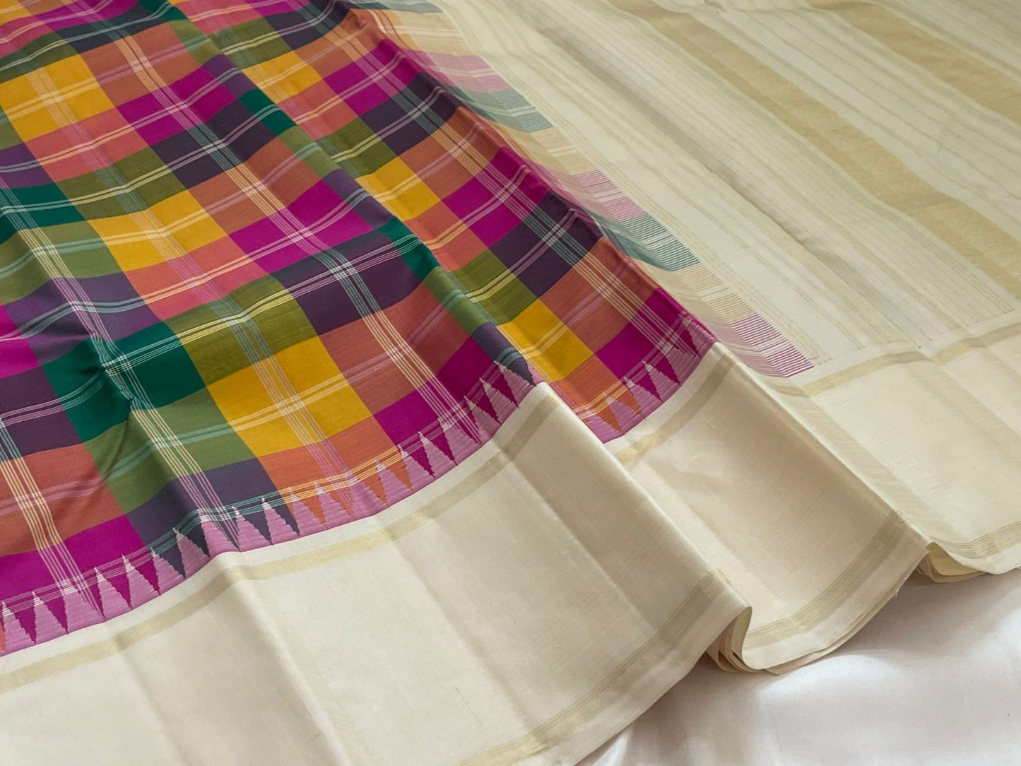 Ivory cream Kanjivaram pure silk saree with emerald green kanchi kattam checks