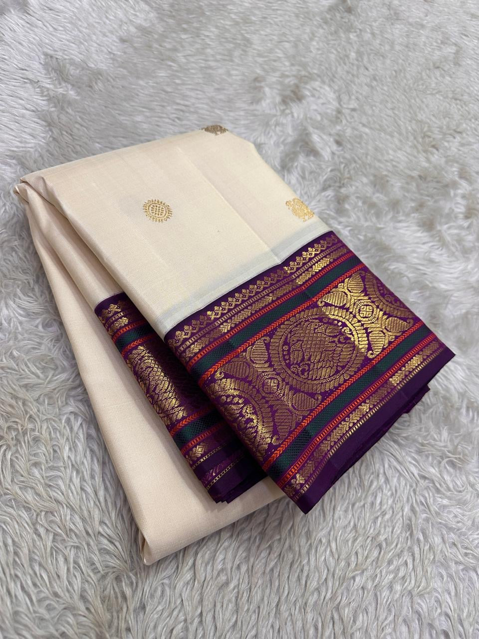 Ivory cream purple Kanchipuram silk saree with lightweight Korvai construction and Kamalam butta — Idam Living