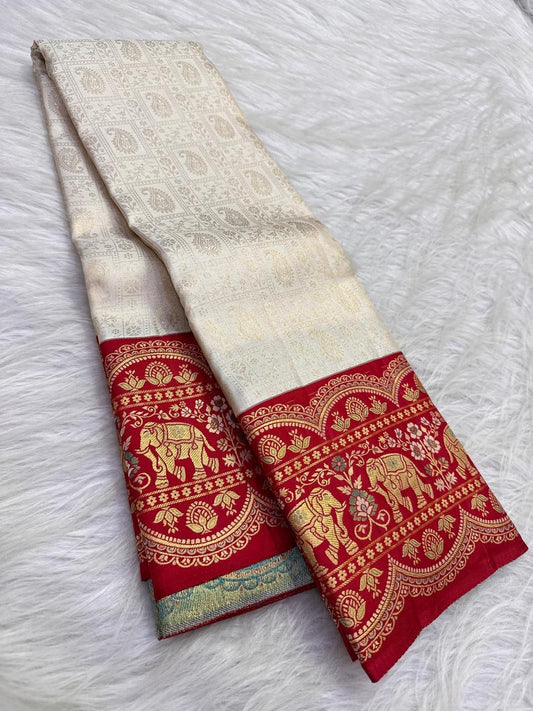 Warm ivory and crimson Pure Silk Kancheepuram saree full view