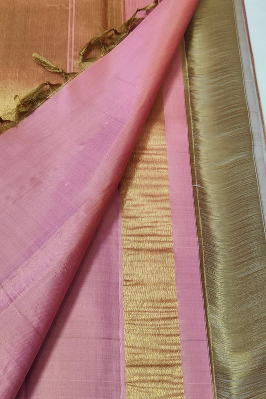 Ivory handwoven pure silk Kancheepuram saree with Ettukol weave and antique gold pallu — Idam Living