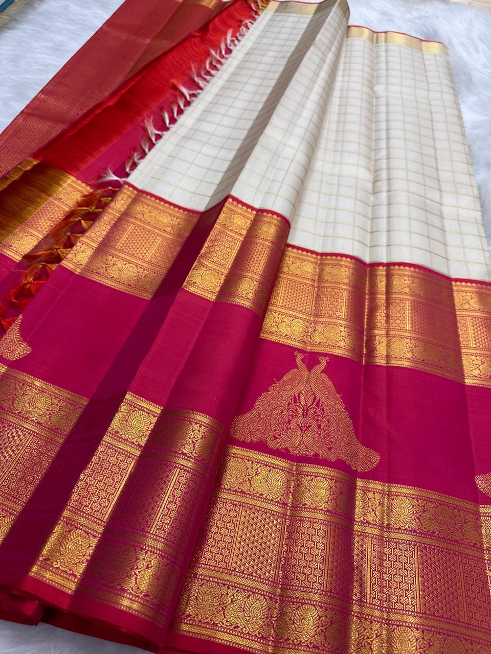 Ivory pure silk Kanjivaram saree — gold checks