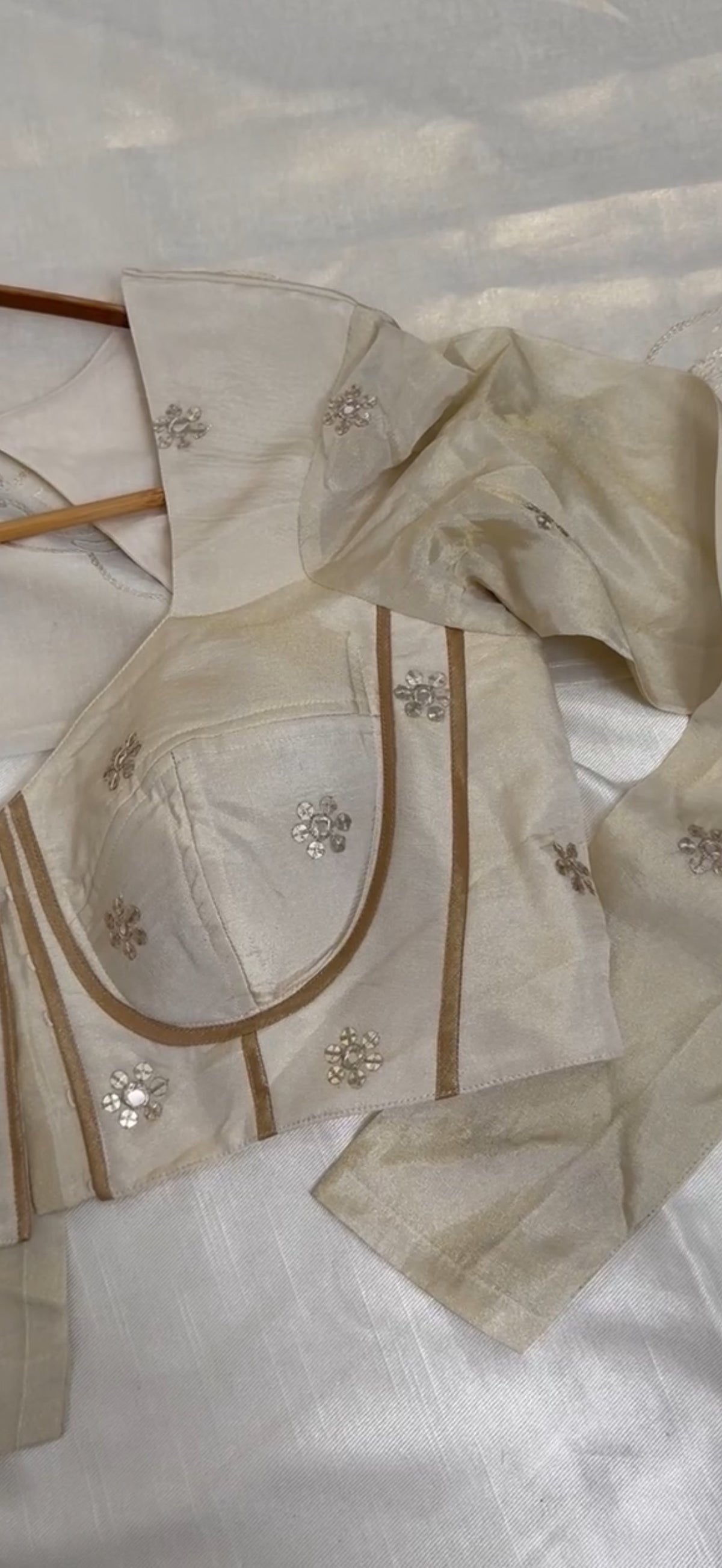 Nila Ivory Tissue Silk Structured Blouse with Gathered Churidar Sleeves and Mirror Work