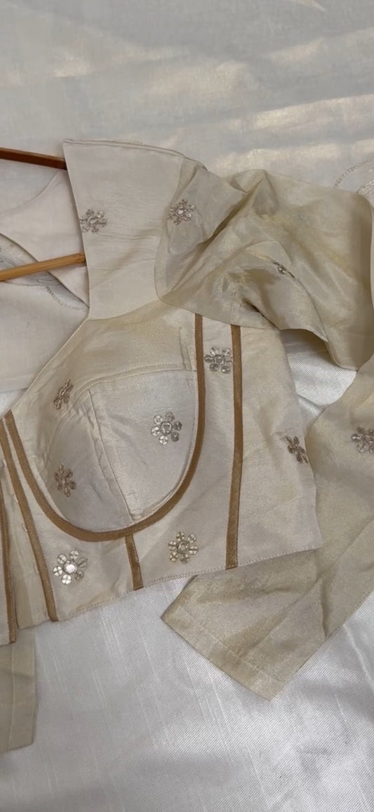 Nila Ivory Tissue Silk Structured Blouse with Gathered Churidar Sleeves and Mirror Work