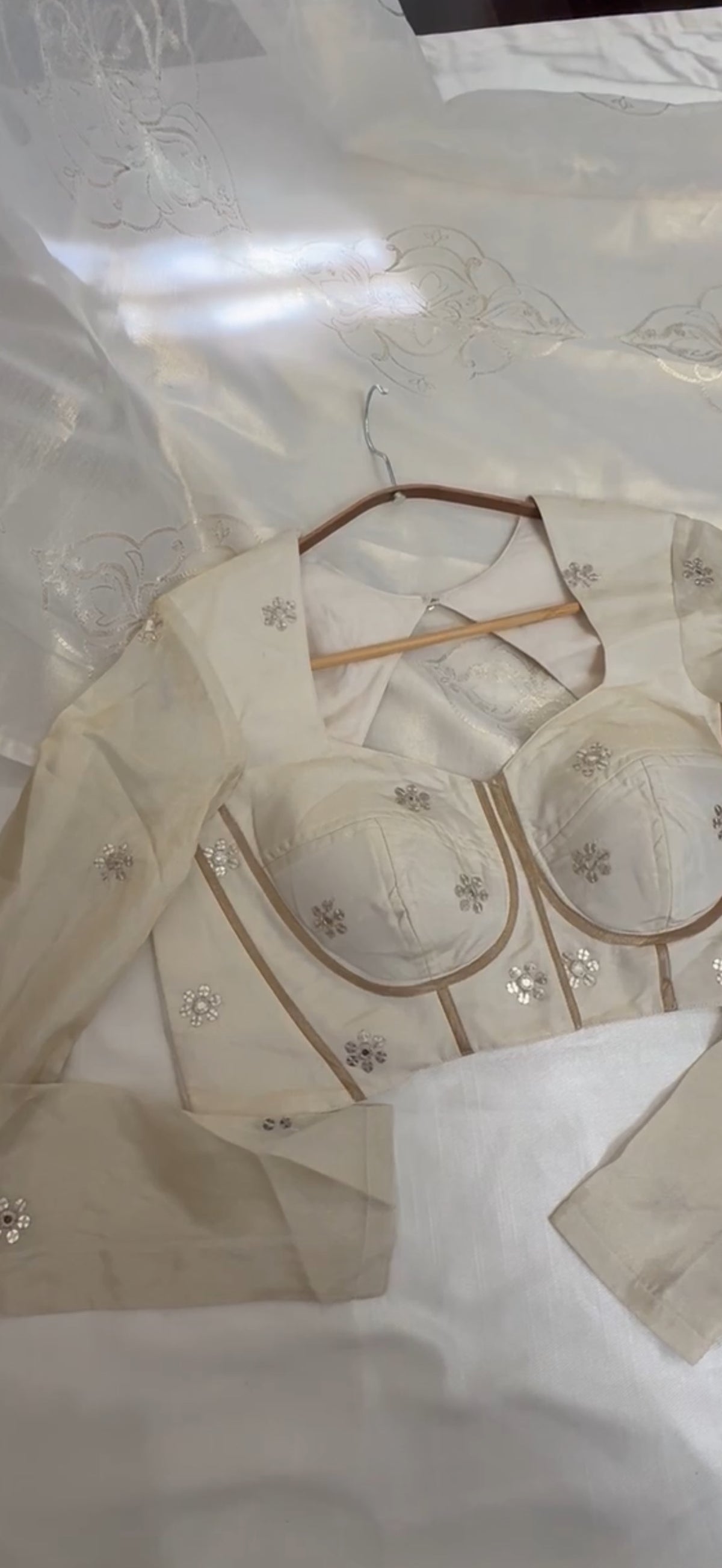 Nila Ivory Tissue Silk Structured Blouse with Gathered Churidar Sleeves and Mirror Work