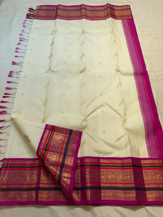 Ivory and Gold Handwoven Pure Silk Kanchipuram Saree with Magenta Varisaipet Border