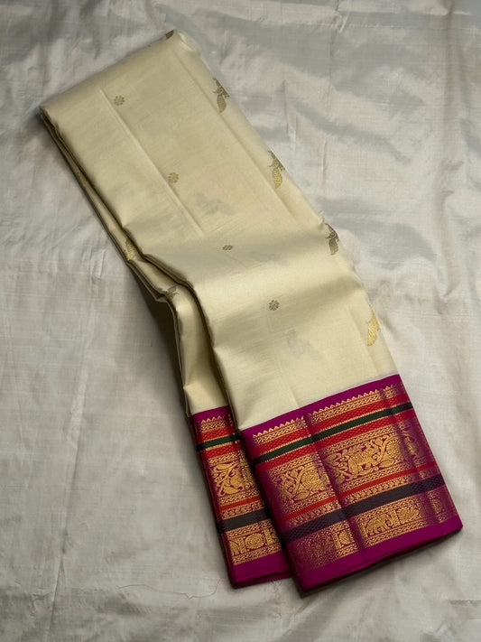 Ivory and Gold Handwoven Pure Silk Kanchipuram Saree with Magenta Varisaipet Border
