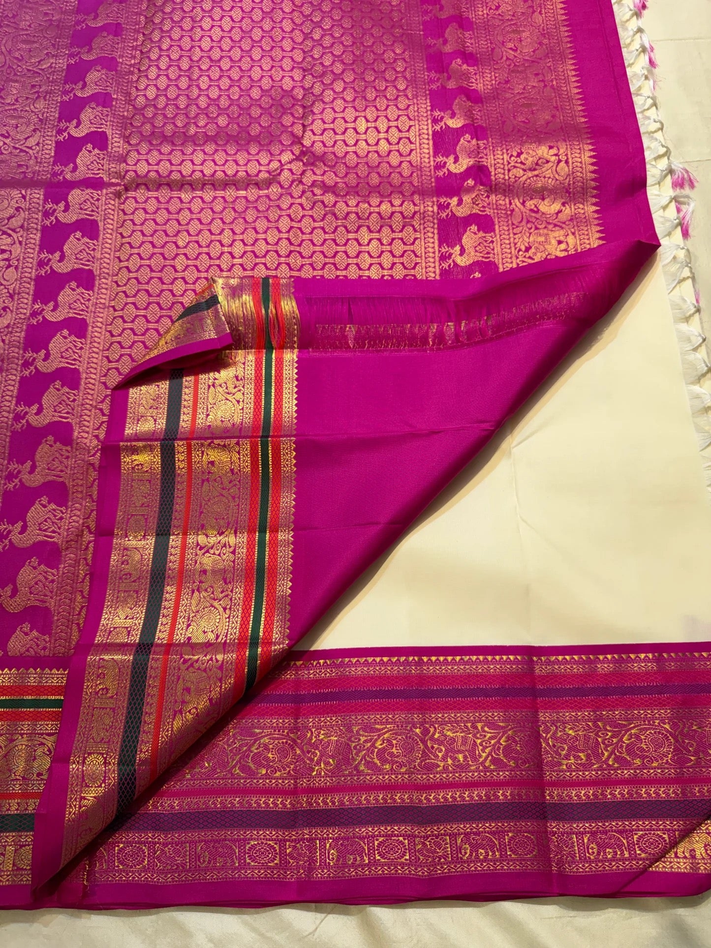 Ivory and Gold Handwoven Pure Silk Kanchipuram Saree with Magenta Varisaipet Border