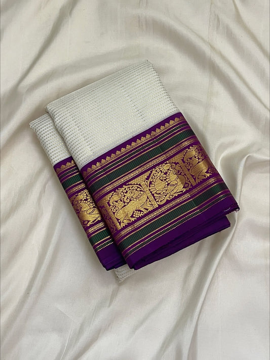 Ivory Pure Silk Kancheepuram Butta Saree - full saree view